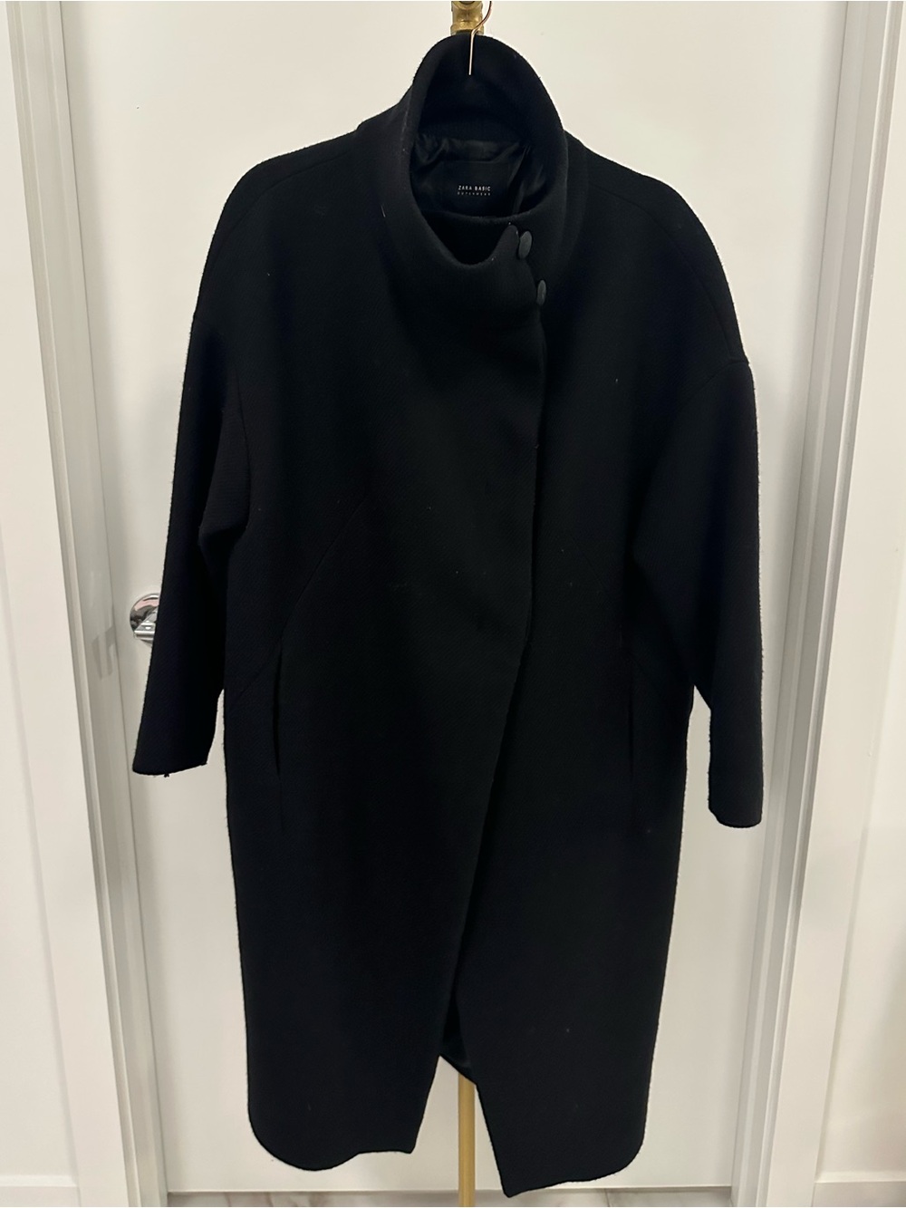 Zara Women’s Black Wool Blend Funnel Collar Peacoat Coat Size L